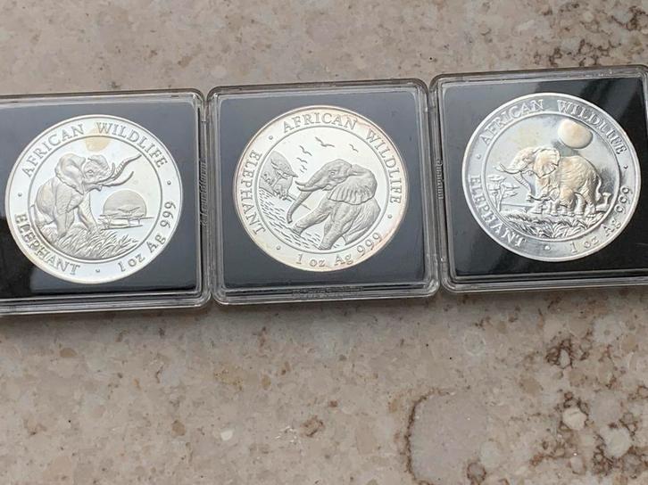3 zilveren somalische olifanten 2009,2010,2011, Postzegels en Munten, Munten | Afrika, Overige landen, Ophalen of Verzenden