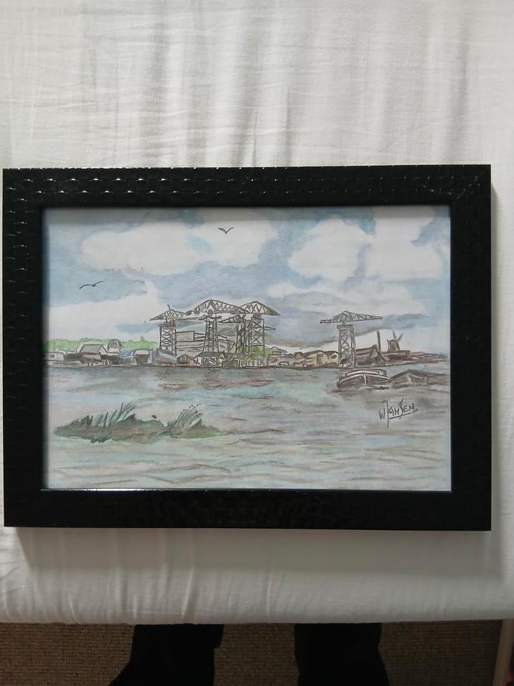 Gekleurde tekening van Scheepswerf de Biesbosch.Dordrecht., Antiek en Kunst, Kunst | Schilderijen | Klassiek, Ophalen of Verzenden