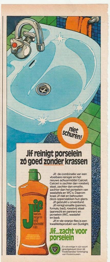 Retro reclame 1973 Jif schuurmiddel zacht voor porselein, Verzamelen, Retro, Overige typen, Verzenden
