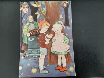kinderen eten gepofte kastanjes, zegel stempel Urk, 1964.  V beschikbaar voor biedingen