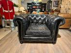 Stoere industriële Chesterfield clubfauteuil vintage zwart, Ophalen of Verzenden