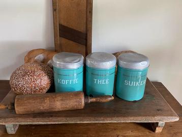Brocante set emaille voorraad bussen, mint groen beschikbaar voor biedingen