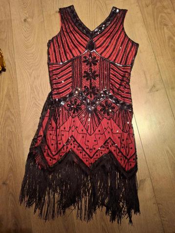 1920s rode flapperjurk met glitters en versielsels, maat L beschikbaar voor biedingen