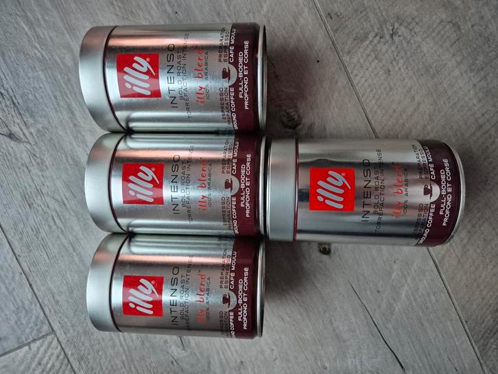 4 lege Illy koffie blikken Intenso Bold Roast, 250gr, Verzamelen, Blikken, Gebruikt, Koffie, Ophalen of Verzenden