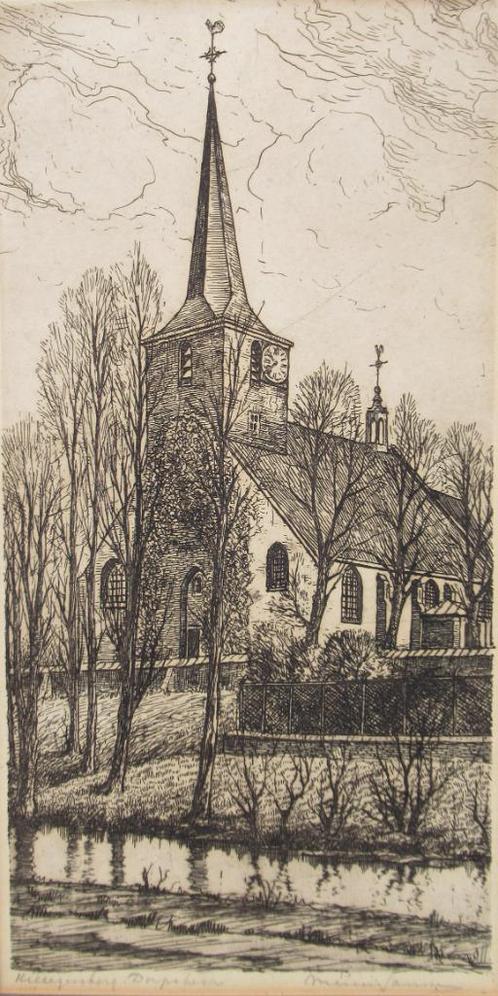 Marius Janssen (1885-1957): “Hillegersberg Dorpskerk”, ets, Antiek en Kunst, Kunst | Etsen en Gravures, Ophalen of Verzenden