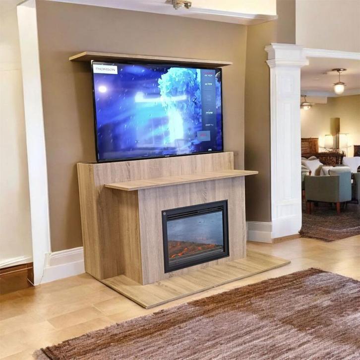 TV Lift Kast Latta, met geïntrigeerde sfeerhaard!, Huis en Inrichting, Kasten | Televisiemeubels, Nieuw, Eikenhout, Kersenhout