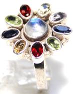 Schitterende Sterling Zilver Multi Edelsteen Entourage Ring, Verzenden, Zilver, Ring, Met edelsteen