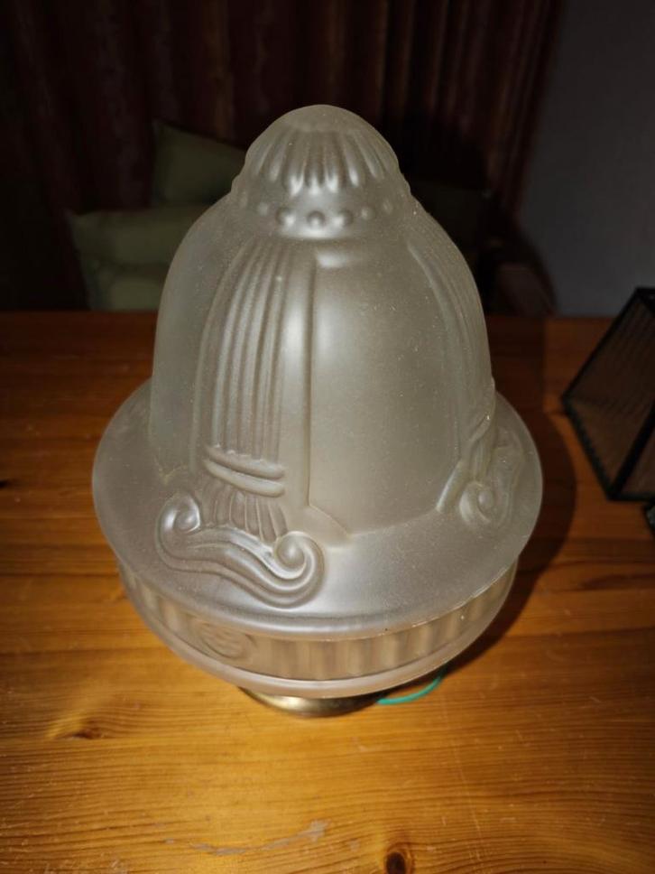 Art deco plafonnière plafondlamp met goudkleurige basis, Huis en Inrichting, Lampen | Plafondlampen, Zo goed als nieuw, Glas, Metaal