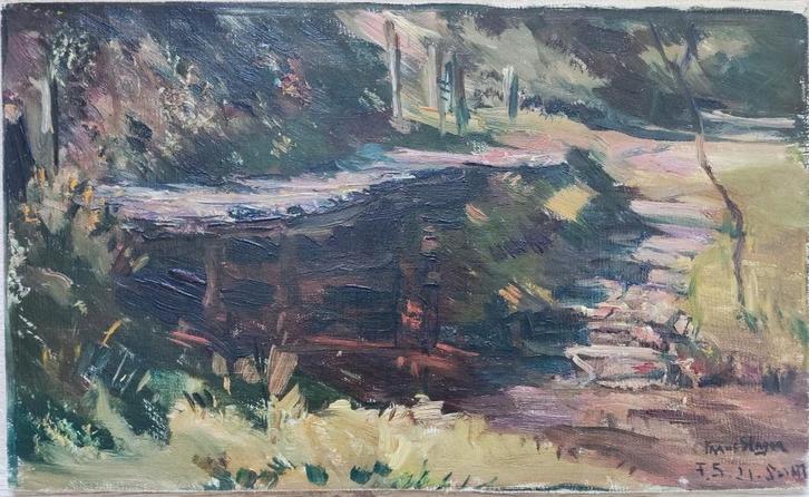 Frans Slager (1876-1953) - Bruggetje over een bosvijver, Antiek en Kunst, Kunst | Schilderijen | Klassiek, Ophalen of Verzenden