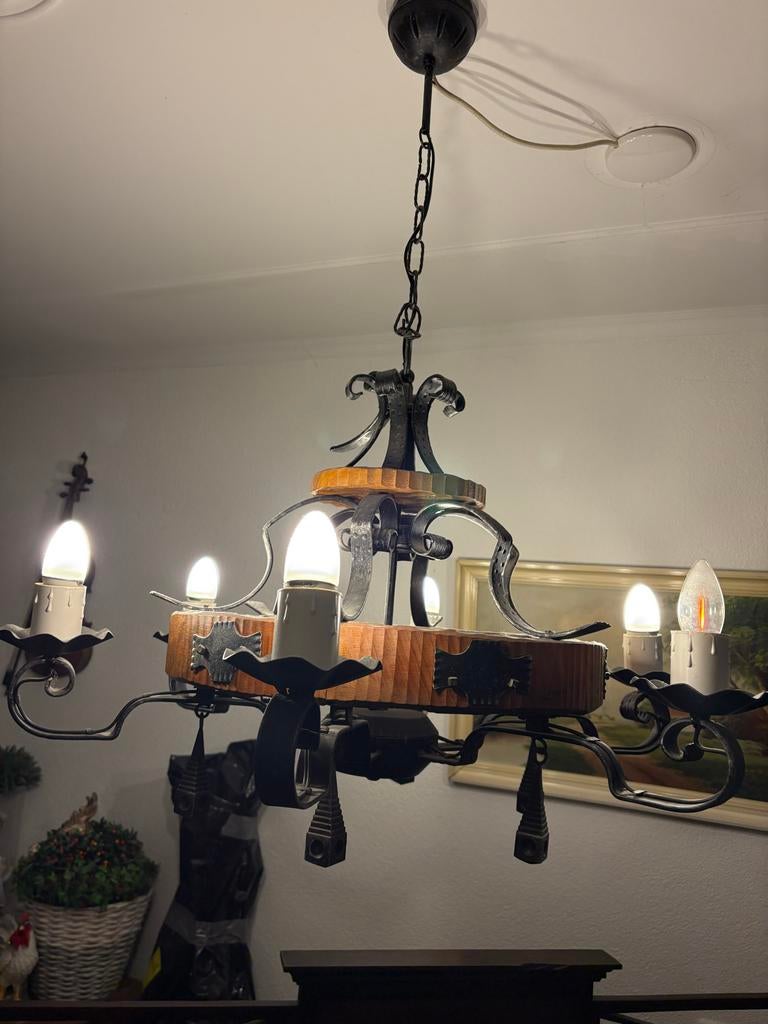 Vintage Houten Kroonluchter met Smeedijzeren Details, Ophalen, Gebruikt, Hout, 75 cm of meer