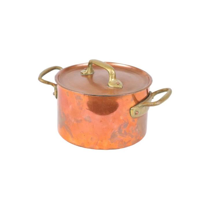 Kookpot Koper en Messing Marmite met Deksel Frankrijk Vintag, Antiek en Kunst, Curiosa en Brocante, Ophalen of Verzenden