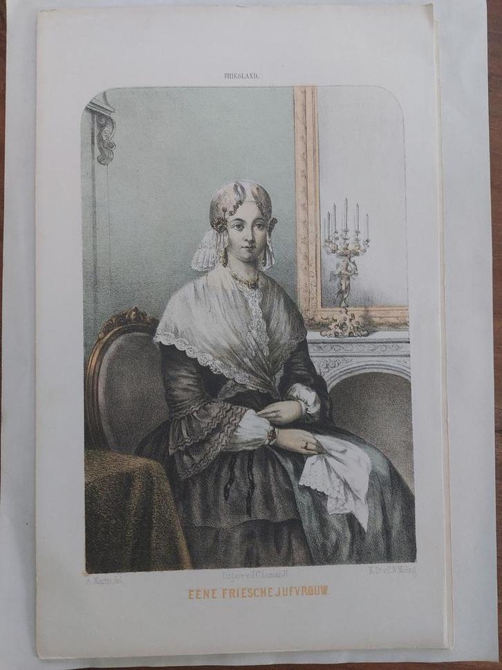 18 / Chromolitho van Friesche Jufvrouw Friesland +/- 1860, Antiek en Kunst, Kunst | Litho's en Zeefdrukken, Ophalen of Verzenden
