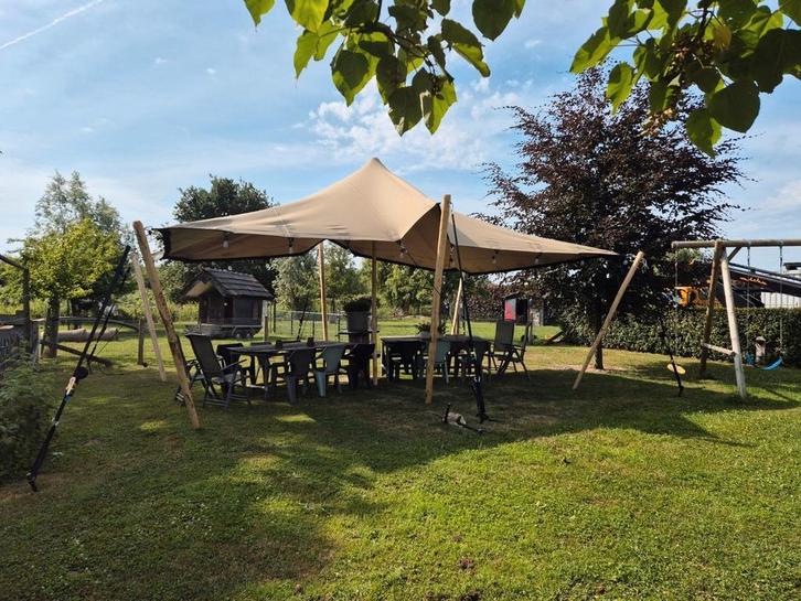 Stretchtent 7,5x5 meter, Beige, complete set, Tuin en Terras, Partytenten, Nieuw, Minder dan 5 meter, 6 meter of meer, Ophalen