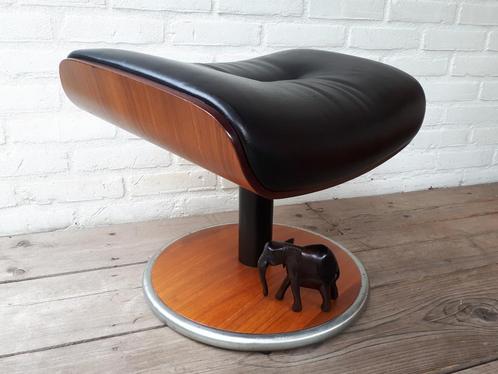 Vintage retro voetenbankje Scandinavisch leer teak Design., Huis en Inrichting, Banken | Voetenbanken en Poefen, Gebruikt, Minder dan 50 cm