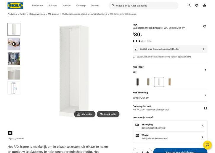 Witte PAX kast zonder planken, 201 x 50 x 59 cm, Ophalen, Overige materialen, Gebruikt, 200 cm of meer