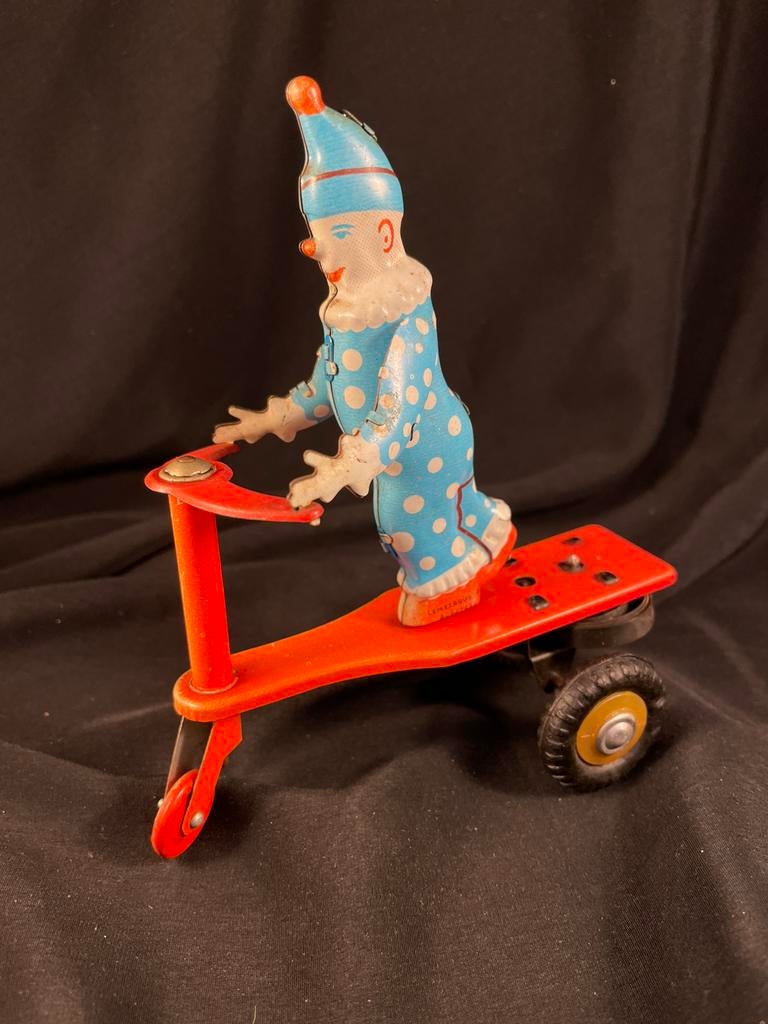Blikken clown op driewieler, Ophalen of Verzenden