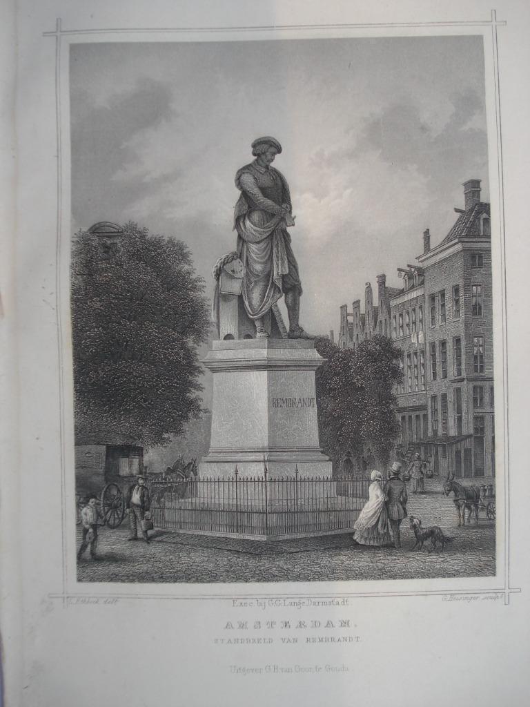 015 Amsterdam Standbeeld Rembrandt Staalgravure 1860, Antiek en Kunst, Kunst | Etsen en Gravures, Ophalen of Verzenden