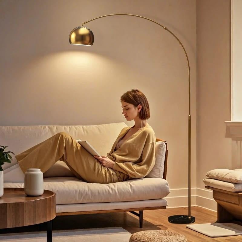 Moderne Booglamp Goud met Marmeren Voet - Vloerlamp, Modern, Elegant, Industrieel, Overige materialen, Nieuw, Ophalen of Verzenden
