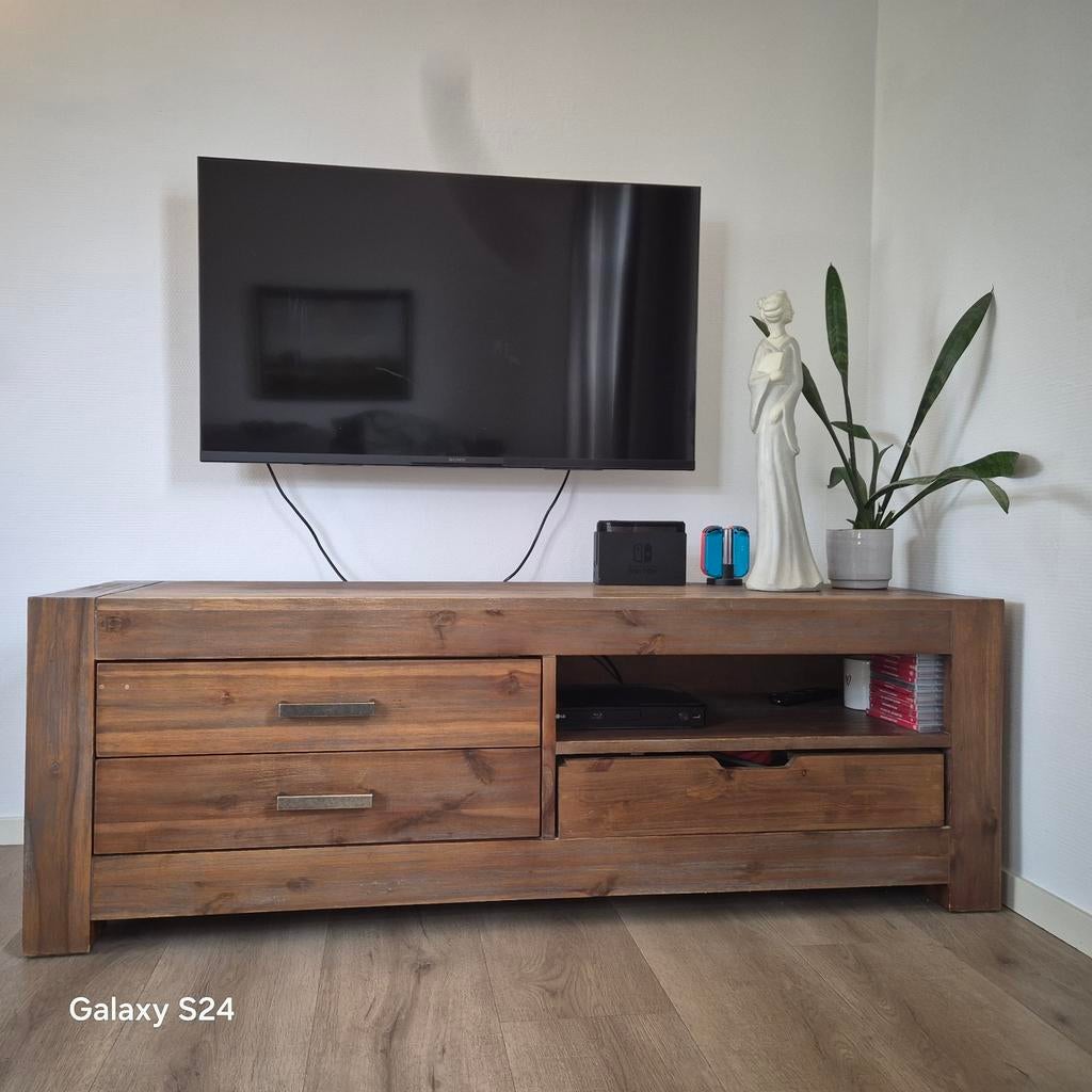 Acacia Houten TV-meubel met Lades - 150x45x51cm, Ophalen, 150 tot 200 cm, Zo goed als nieuw, Minder dan 100 cm