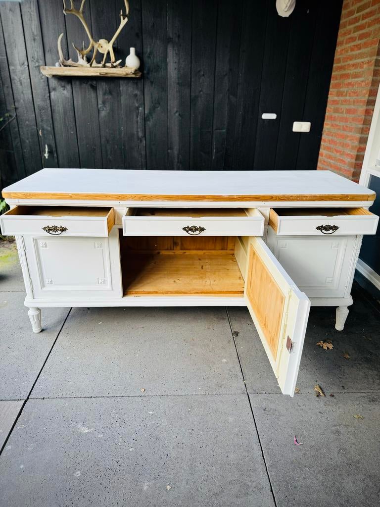 Brocante oud landelijk dressoir massief hout, Ophalen, Gebruikt, 100 tot 150 cm, Met lade(s)