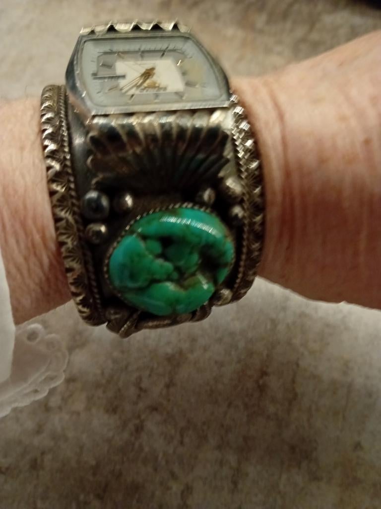 Vintage NAVAJO Zilveren Horlogeband met Turkoois Steen, Verzenden, Zilver, Armband, Met edelsteen