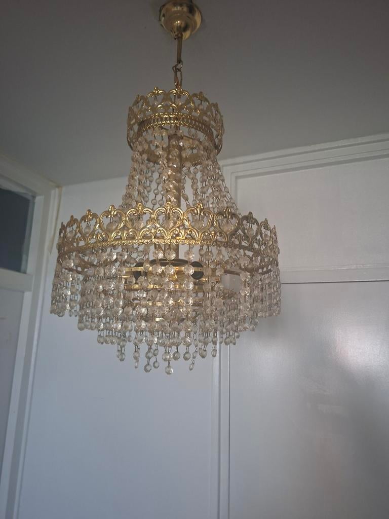 Gouden kroonluchter met kristallen, Ophalen of Verzenden, Gebruikt, Glas, Klassiek, Elegant, Barok