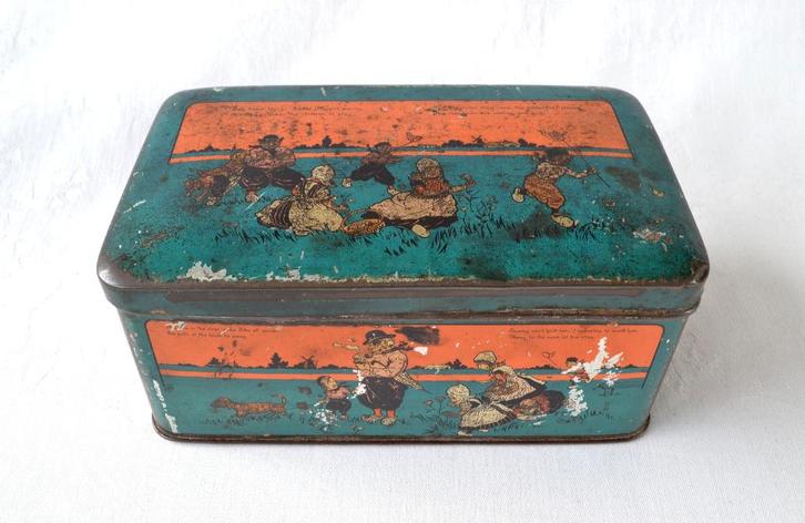 Antiek Engels koekjes Blik / Koekjestrommel met liedje ~1900, Verzamelen, Blikken, Gebruikt, Koek(jes), Overige merken, Ophalen of Verzenden