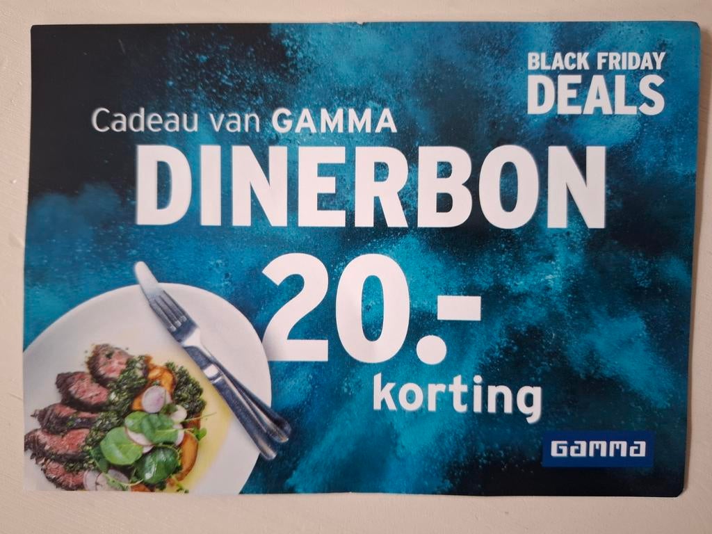 Gamma dinerbon €20 korting, Tickets en Kaartjes, Kortingen en Cadeaubonnen, Twee personen, Kortingsbon, Overige typen
