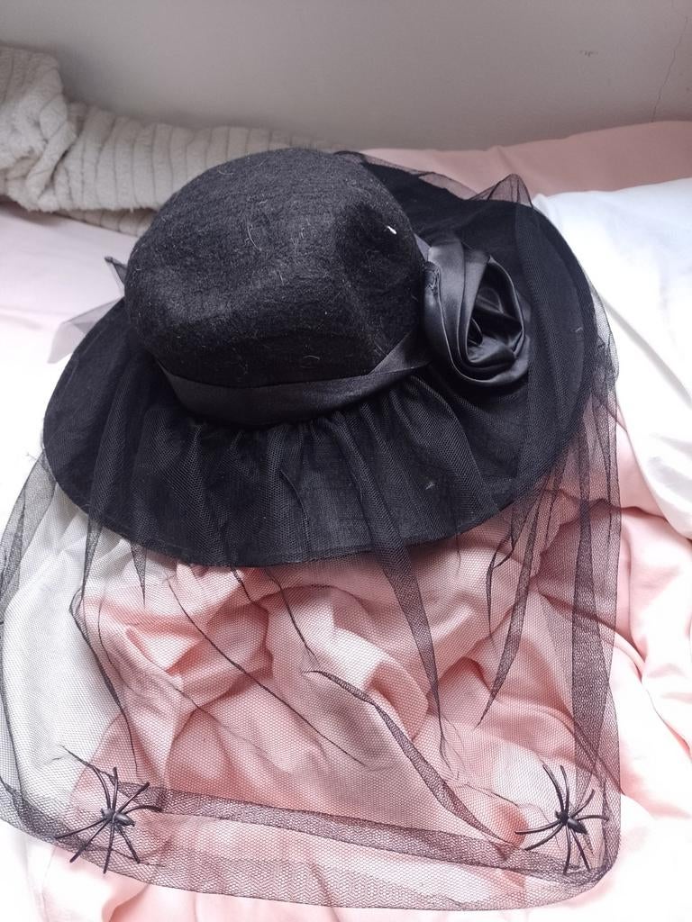 Zwarte Halloween hoed met spinnenweb sluier, Ophalen of Verzenden, Gedragen, One size fits all, Hoed