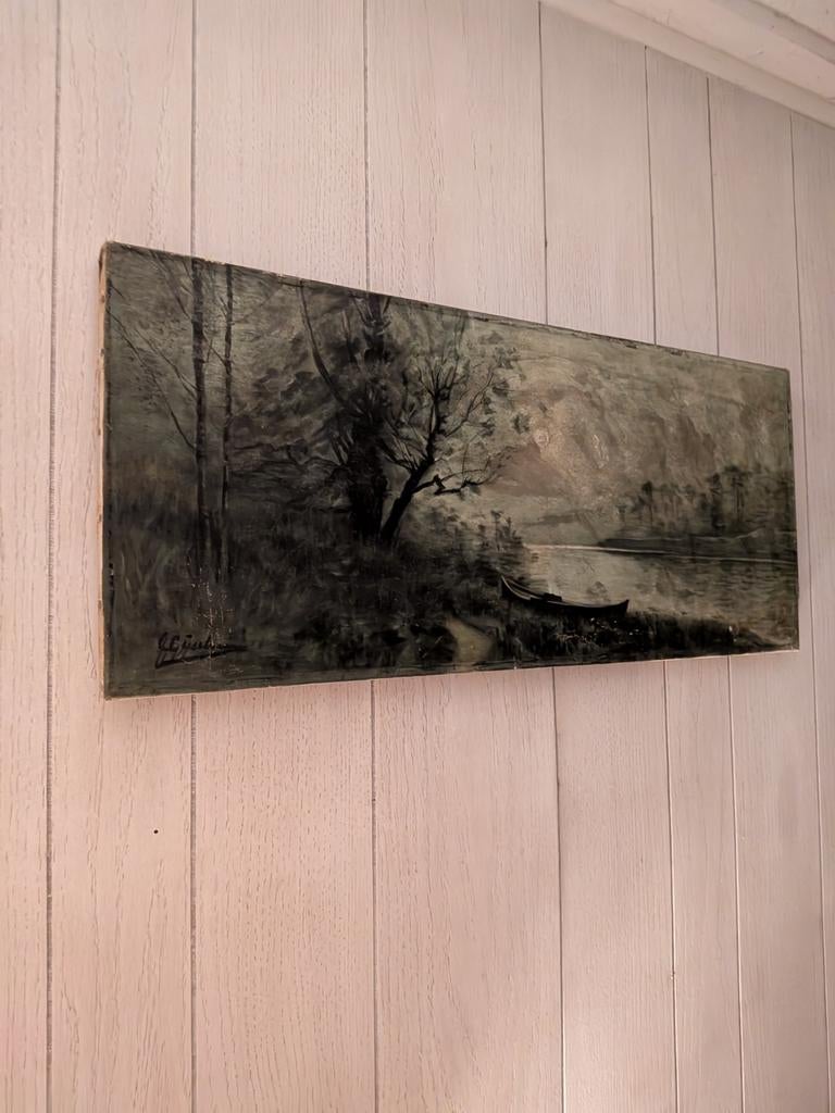 Vintage Schilderij: Mysterieus Landschap met Roeiboot, Ophalen of Verzenden