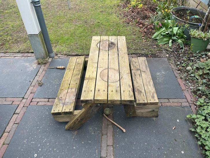 Houten kinder picknickbankje - inklapbaar, Tuin en Terras, Picknicktafels, Gebruikt, Rechthoekig, Hout, Kinderpicknicktafel, Ophalen of Verzenden