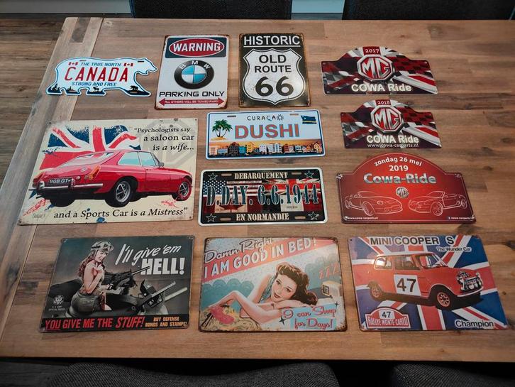 Diverse decoratieve metalen borden en nummerplaten, Verzamelen, Merken en Reclamevoorwerpen, Gebruikt, Reclamebord, Ophalen of Verzenden