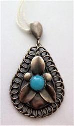 Vintage Navajo Stijl hanger, zilveren bloem met turkoois, Ophalen, Zo goed als nieuw, Zilver, Overige materialen