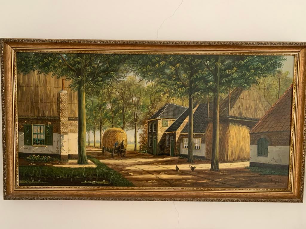Schilderij: Hollands Landschap met Boerderijen en Hooiwagen, Antiek en Kunst, Ophalen