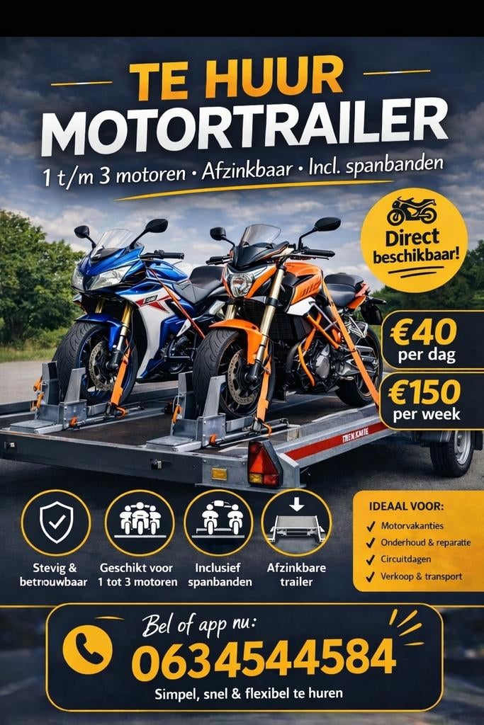 Motortrailer Motoraanhanger te huur Zuid Holland  ️✅🏍️