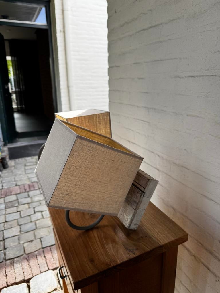 Set van 4 wandlampjes met linnenkap en drijfhout, Ophalen, Gebruikt, Hout