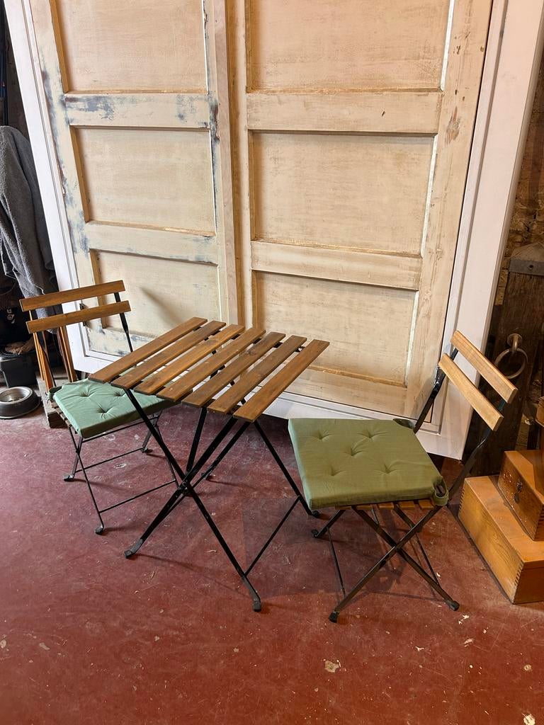 Bistro set met 2 stoelen en inklapbare tafel, Eettafel, Zo goed als nieuw, Tuinset, Hout
