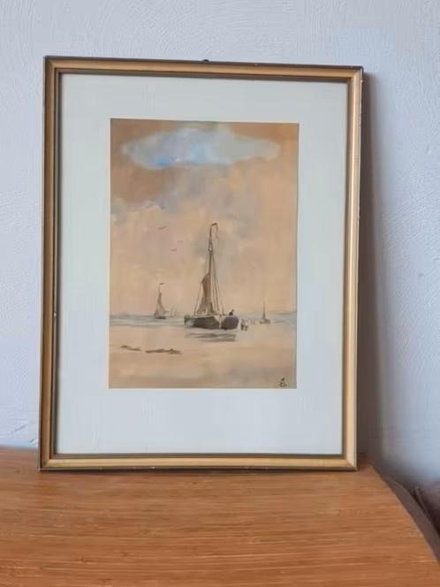 Originele aquarel bomschuiten op het strand Marius JANSSEN, Antiek en Kunst, Kunst | Schilderijen | Klassiek, Ophalen