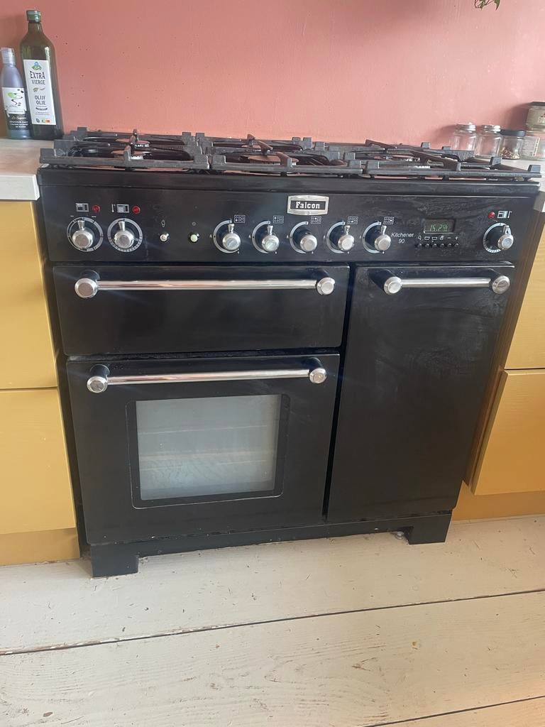 Falcon Kitchener 90 Zwart gasfornuis, Ophalen, Gebruikt, 60 cm of meer, Grill