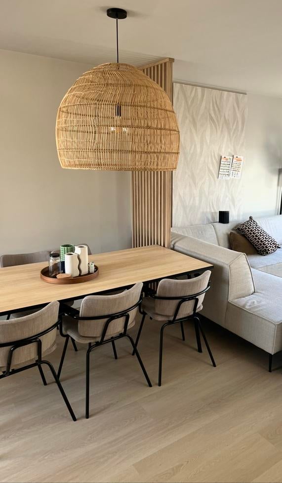 Eiken look tafel 90x200 met zwarte rand en poten, Huis en Inrichting, Tafels | Eettafels, Ophalen, Gebruikt, 50 tot 100 cm, Vijf personen of meer
