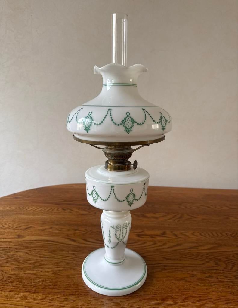 Antieke olielamp met Kosmos brander - Groen decor, Ophalen of Verzenden