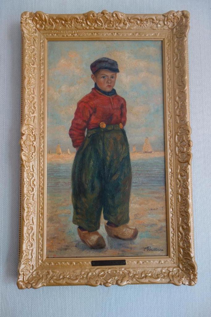 Olieverfschilderij van Volendamse jongen – E. Persenaire, Antiek en Kunst, Ophalen of Verzenden
