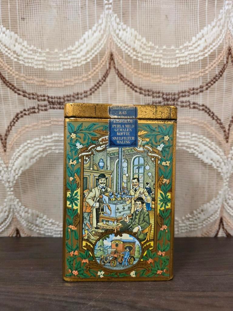 Vintage Albert Heijn Perla koffieblik met illustratie, Ophalen of Verzenden, Gebruikt, Koffie, Overige merken