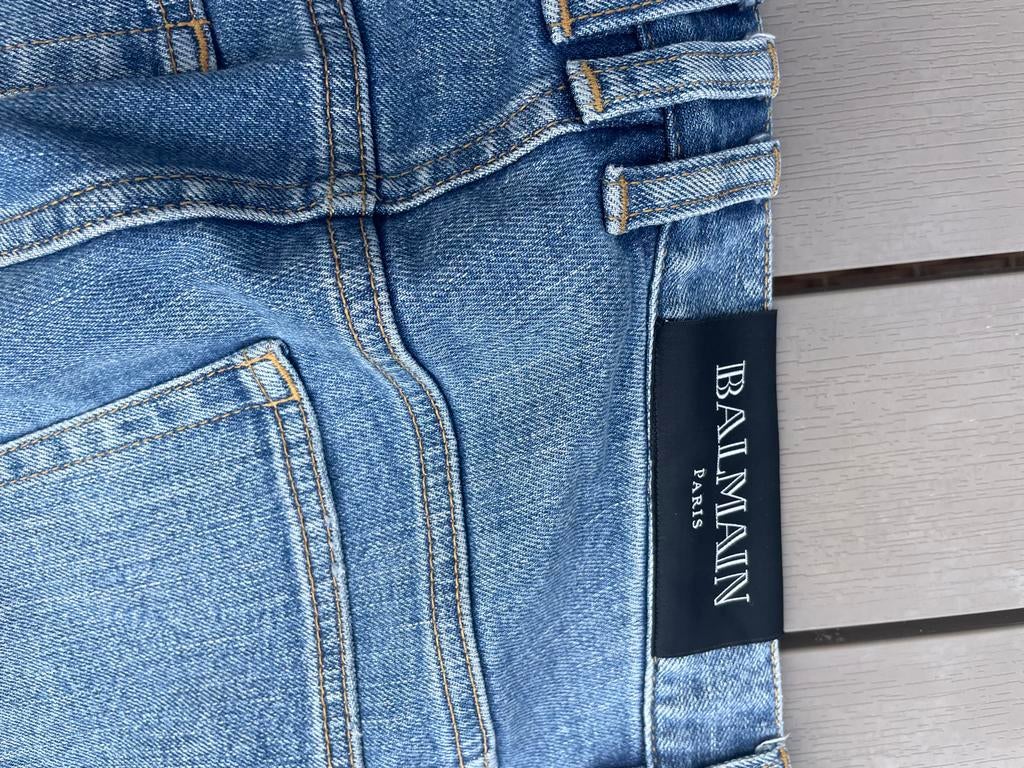 Balmain Slim Fit Jeans - Lichtblauw met Destroyed Details, Ophalen of Verzenden, Zo goed als nieuw, Blauw, W32 (confectie 46) of kleiner
