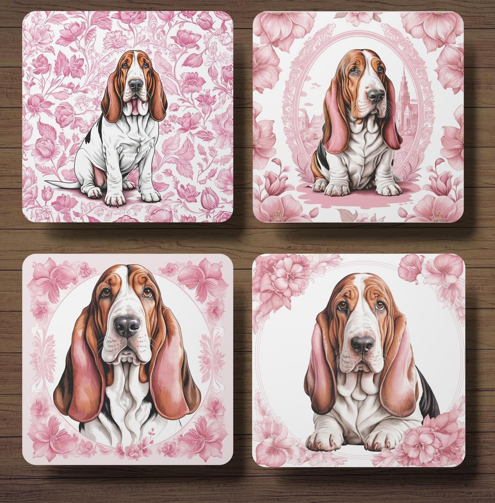 Basset Hound Delfts Roze onderzetters met houder, Huis en Inrichting, Woonaccessoires | Onderzetters, Nieuw, Glas of Kopje, Ophalen of Verzenden