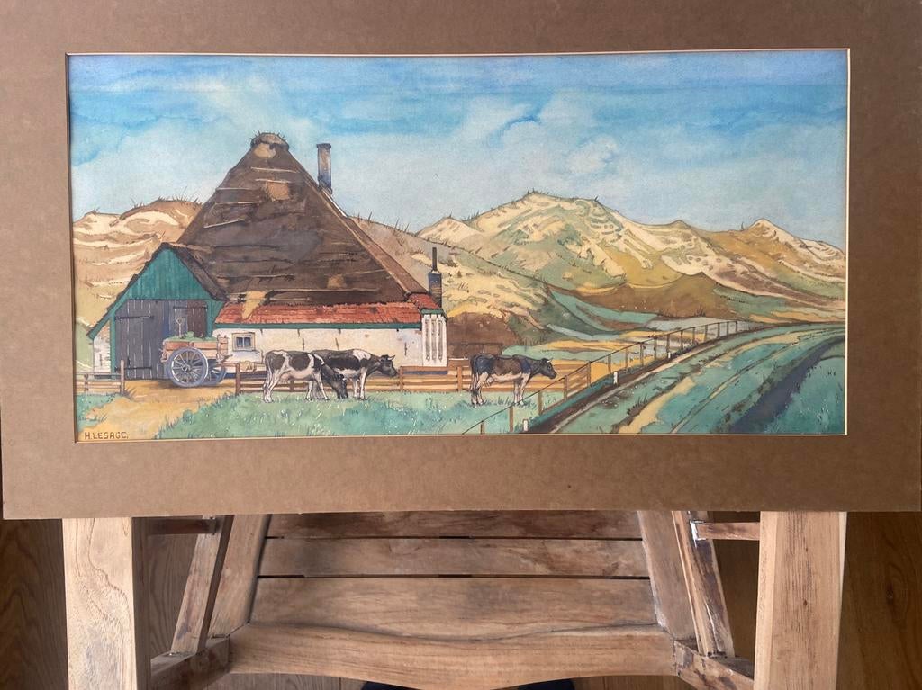 Duinlandschap met boerderij. Gesigneerd Hendrik Lesage., Ophalen