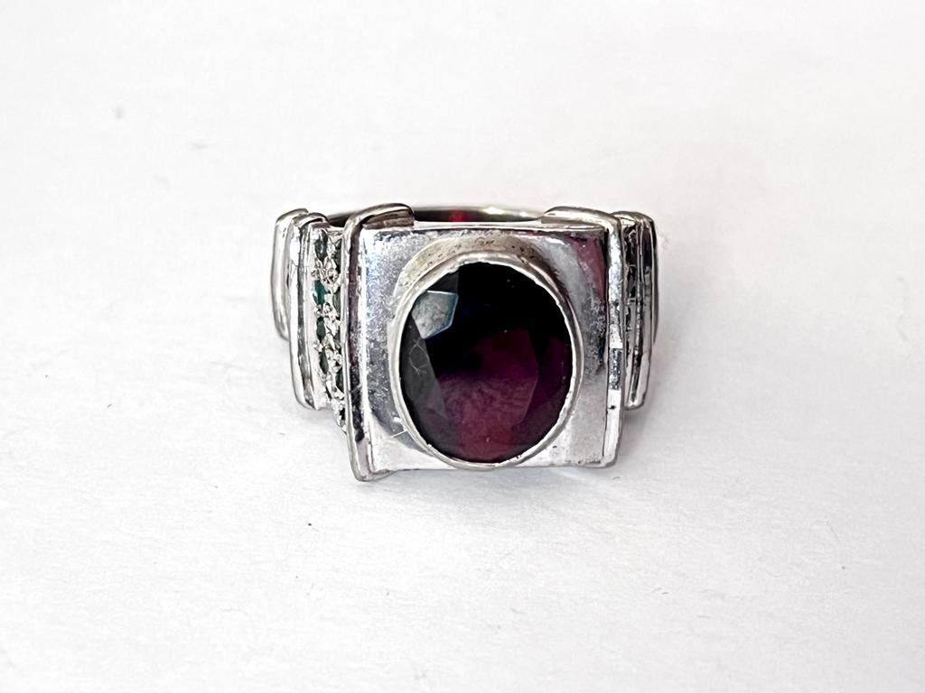 Vintage ring zilver granaat smaragd, Verzenden, Zo goed als nieuw, Met edelsteen, Rood