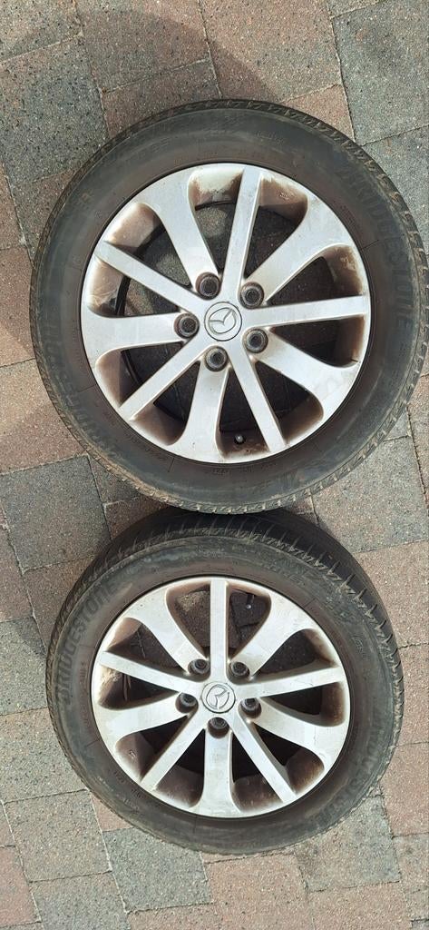 4 zomerbanden op velg, 205/55R16, 91V, Mazda logo, Auto-onderdelen, Banden en Velgen, Ophalen, Gebruikt, 16 inch, Banden en Velgen
