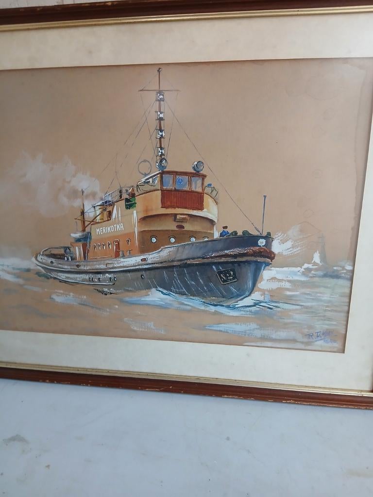 Stoomsleepboot Merikotka, gesigneerd R.T. Klen 1, Antiek en Kunst, Kunst | Schilderijen | Klassiek, Ophalen