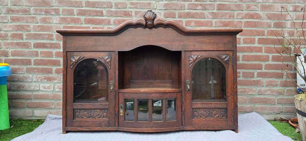 Antieke hangkast hout facet geslepen glas, Ophalen